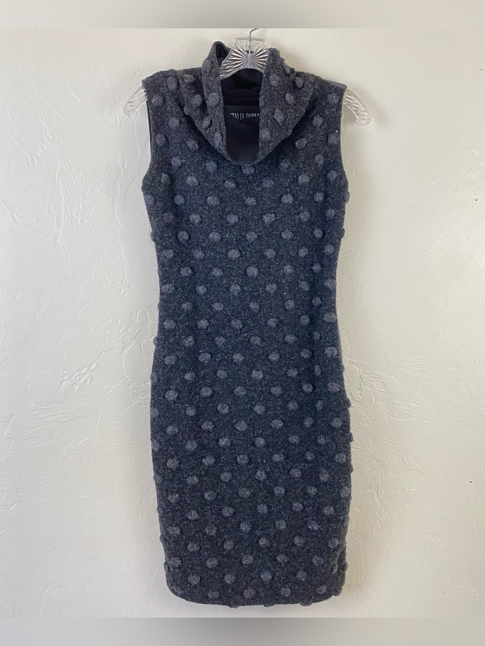 Natalia Romano Size Medium Grey & Black Polka Dot Knitted Turtle Neck Midi Dress